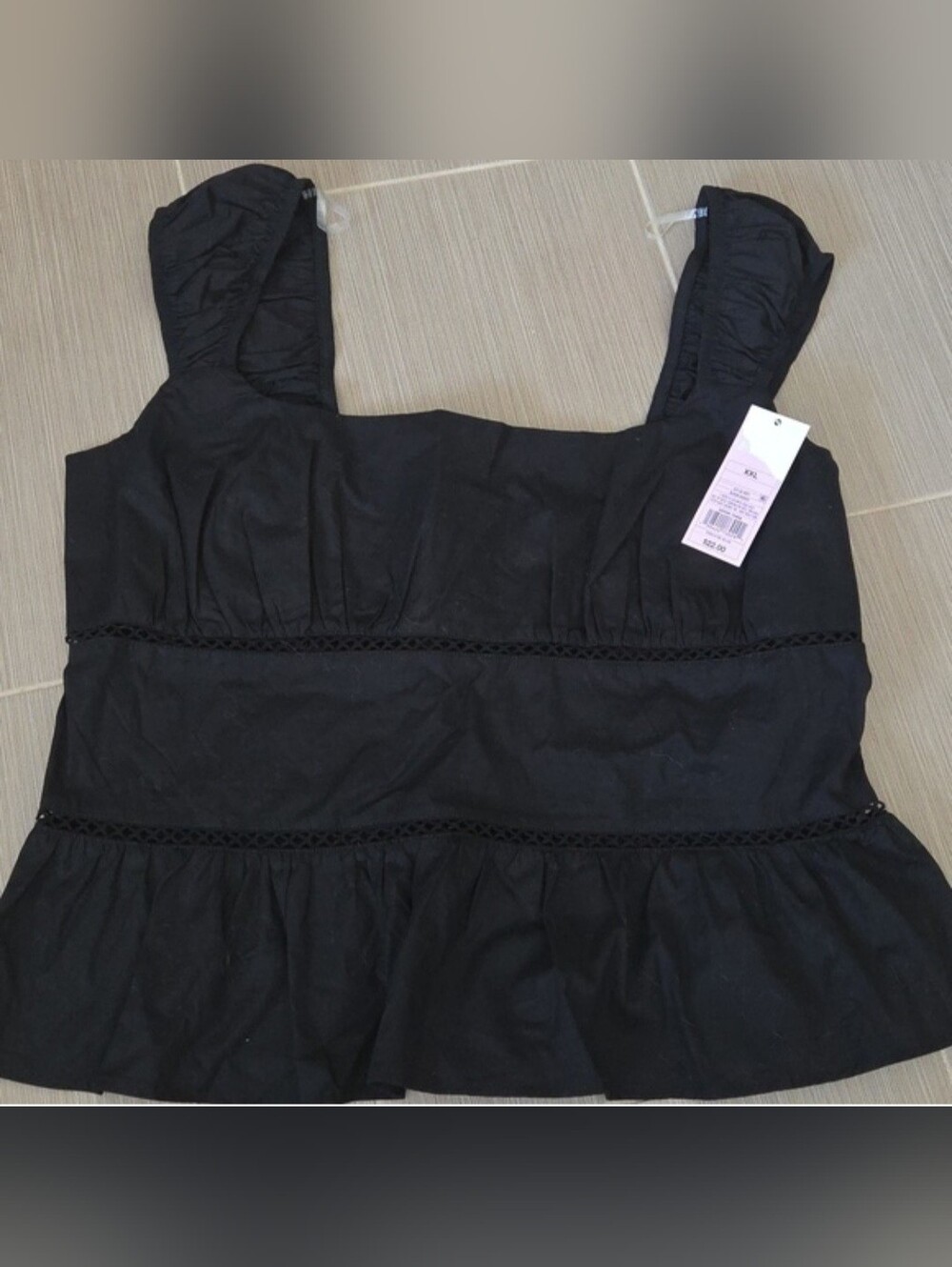 Wild Fable Black Cap Sleeve Peplum Top Crochet Accents NWT